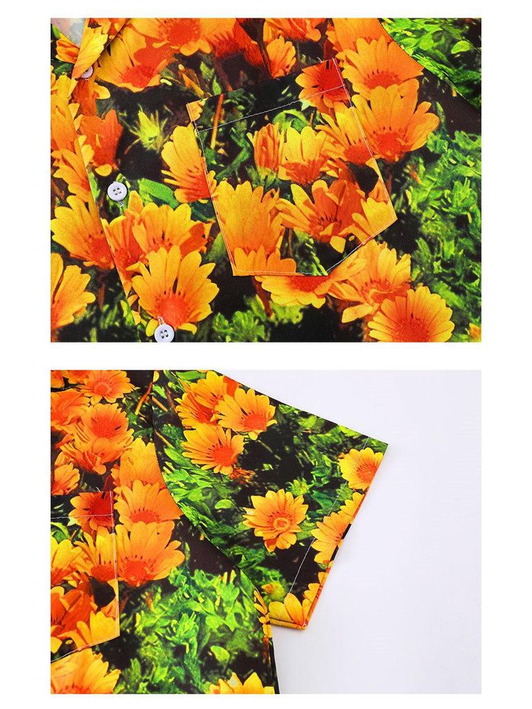 Retro Dark Green & Orange Chrysanthemum Cuban Collar Shirt