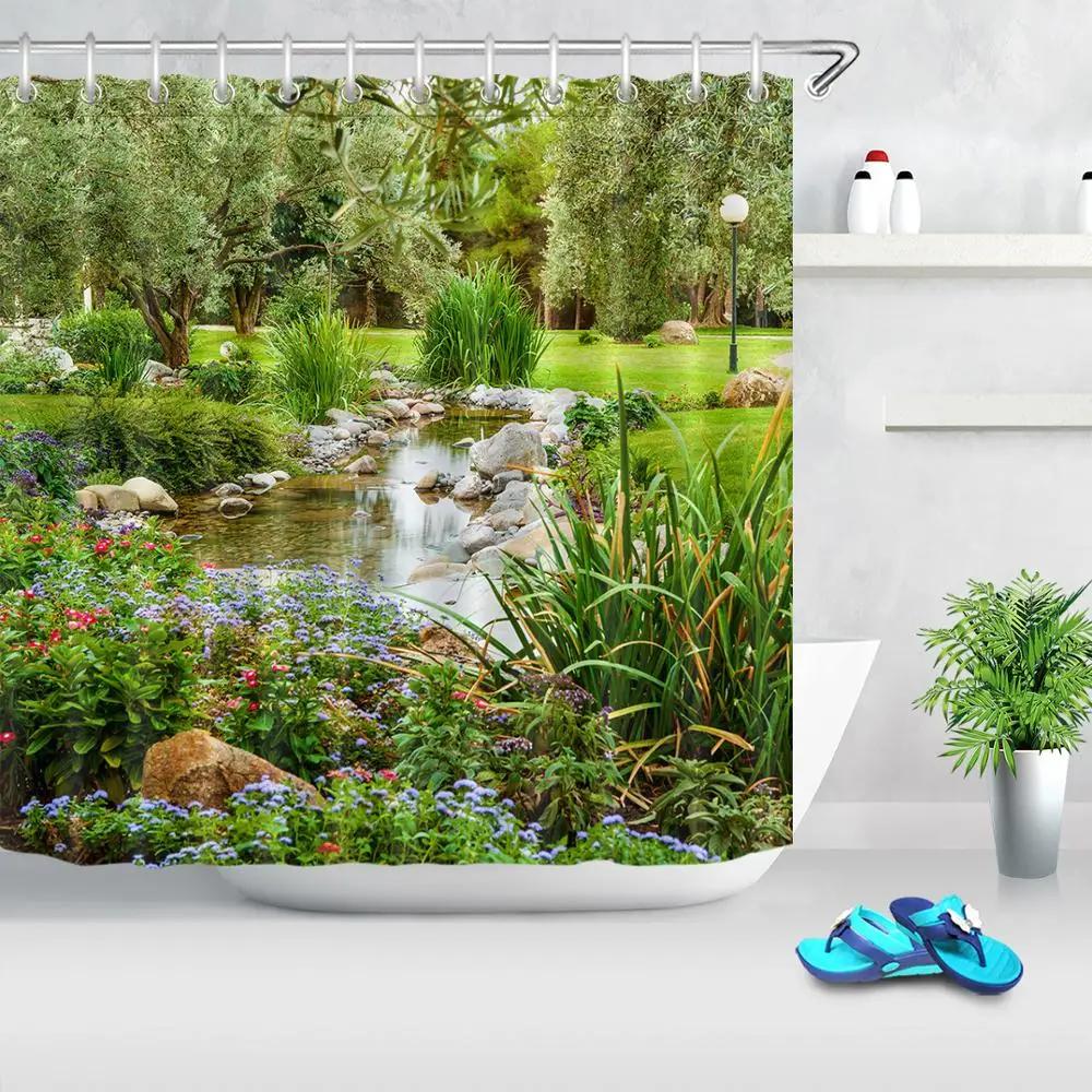 Park Garden Tree Flower Pond Nature Landscape Shower Curtain Bathroom Polyester Waterproof Fabric Curtains Home Bathtub Decor