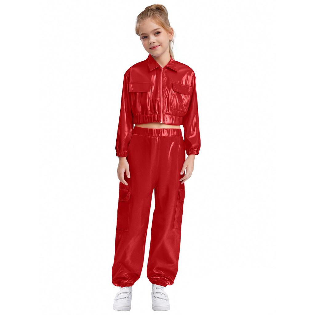 Unisex Kids Metallic Jacket Turn Down Collar Long Sleeve Outwear Shiny Pants Hip Hop Jazz Dance Set
