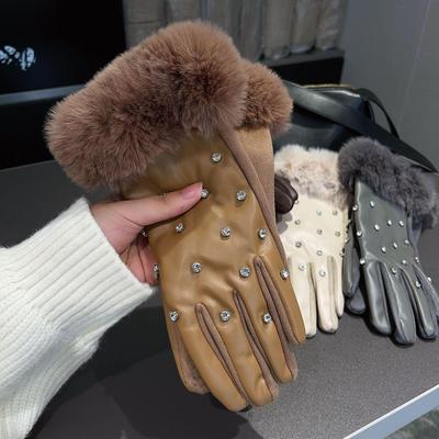 Rhinestone Touchscreen Gloves with Faux Fur and Velvet for Women