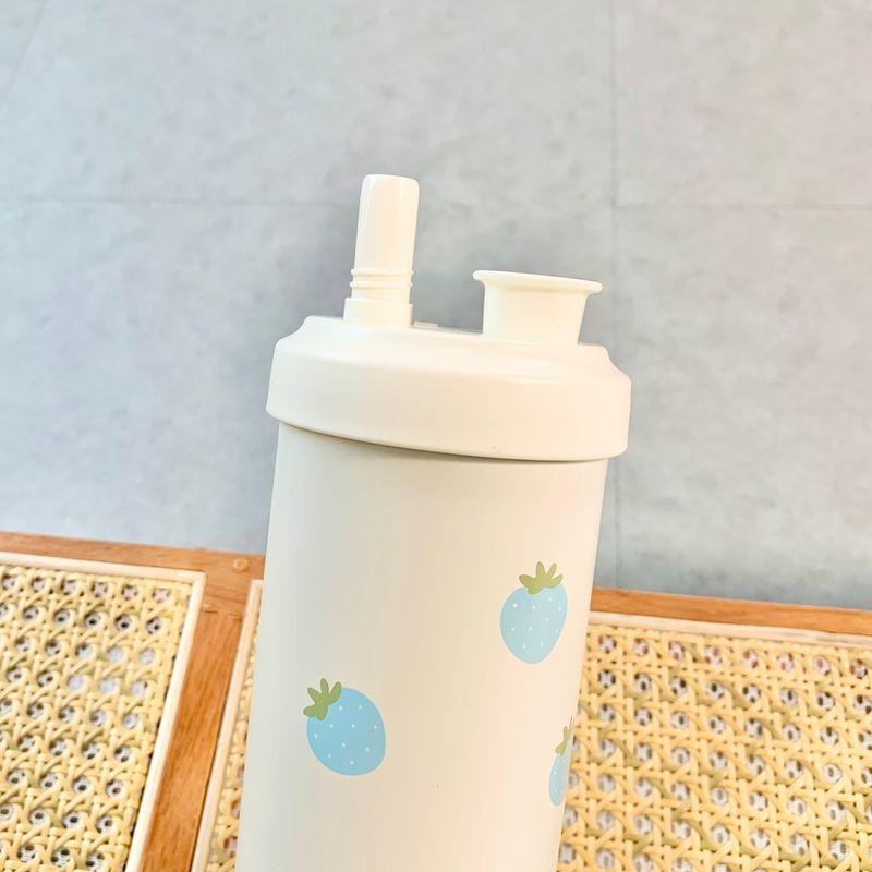 Kawaii Strawberry Thermos Bottle Stainless Steel Vacuum Insulated Straw Cup Cute Girls Outdoor Ice Coffee Drinking Water Cup