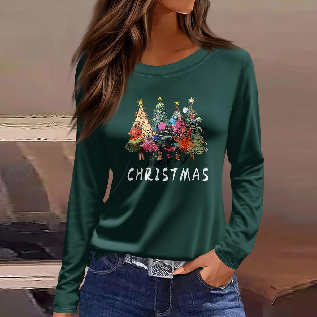 Women's Fashion Casual Slit Hem Round Neck Long Sleeve Loose Printed T-Shirt Ladies Top