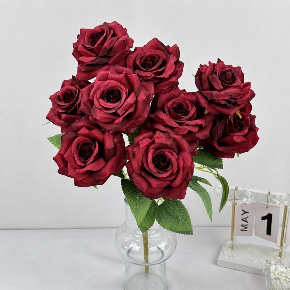 9 Heads Artificial Rose Bouquet Pink Red Blue White Multi-Color Set Fake Rose Flower Arrangement Desktop Size