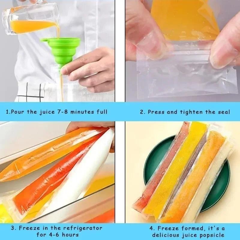 Yazlık Tek Kullanımlık Buz Popsicle Poşetleri Kendin Yap Dondurma Popsları Büyük Dondurulmuş Mühürlü Poşetler Meyve Suyu Yoğurt Smoothie Kalıp Poşeti Huni Aletleriyle