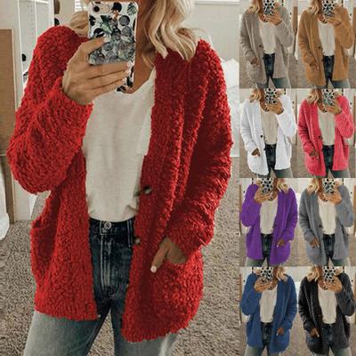 Frauen Casual Plus Größe Plüsch Pullover Taschen Oberbekleidung Knöpfe Strickjacke Mantel