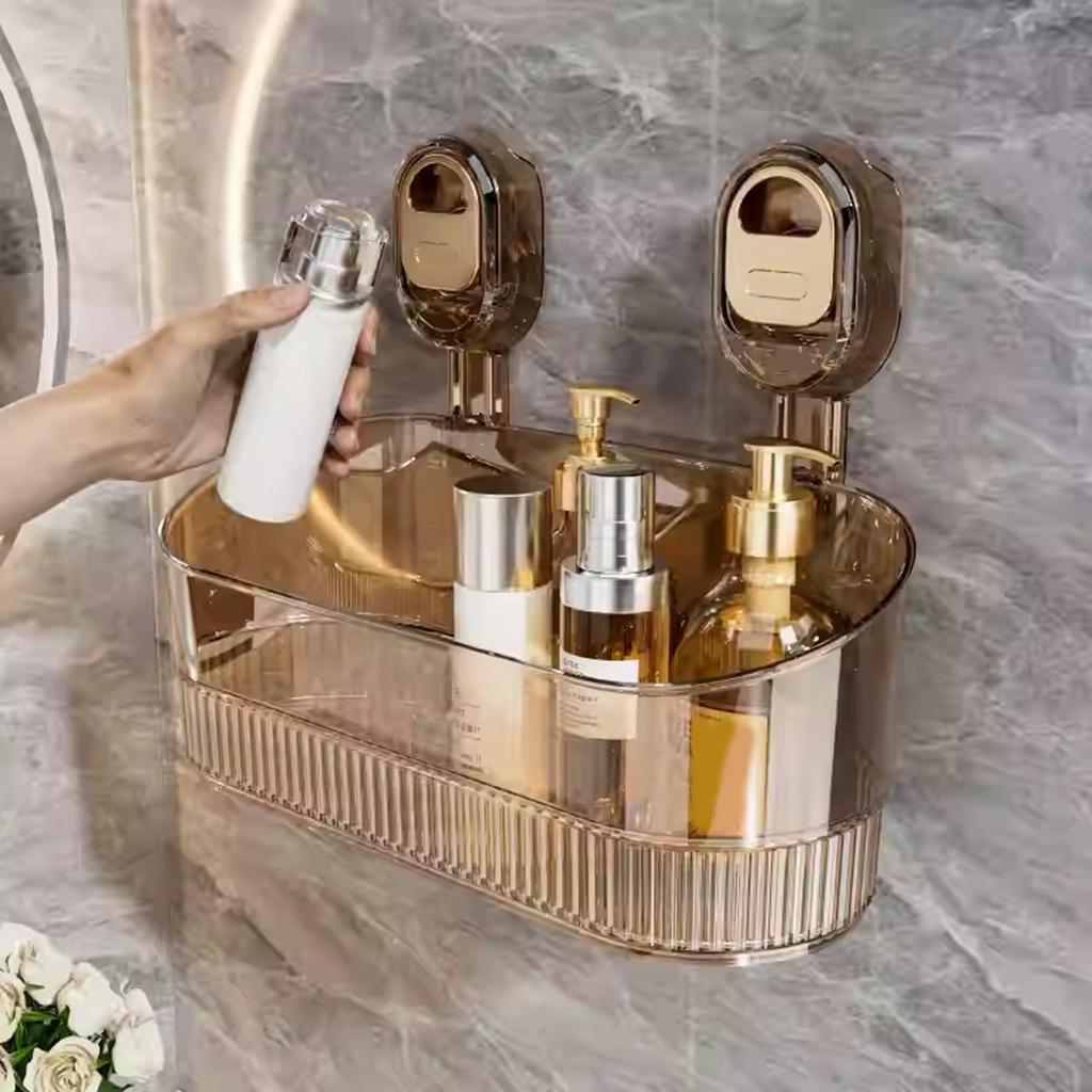 Suction Cup Shower Organizer Transparent Storage Box for Bathroom Dorm or Apartment Wall Mounted Cosmetics Holder