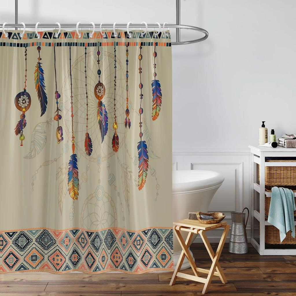 1PC Bohemian style wind chimes and feathers pattern printed shower curtain, waterproof, with 12 hooks, bathroom shower,home use