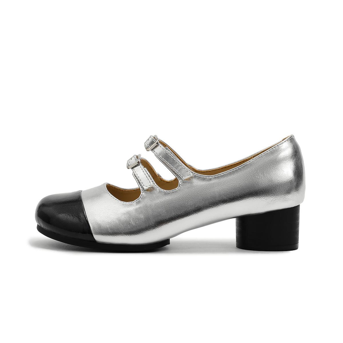 

Xiaoxiangfeng single shoes women s Mary Jane leather women s shoes autumn and winter retro big round head color matching comfortable thick heel 39 серебряный