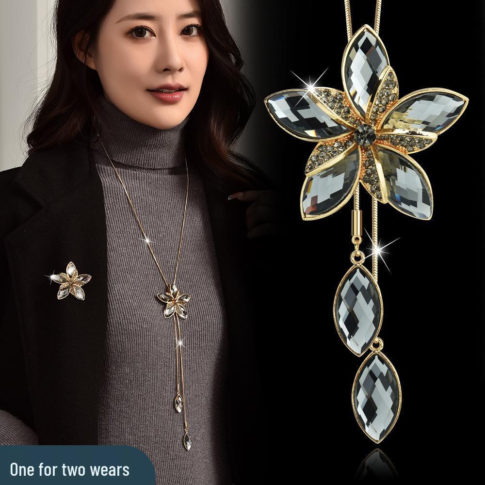 Autumn & Winter Versatile Crystal Flower Tassel Sweater Brooch Necklace