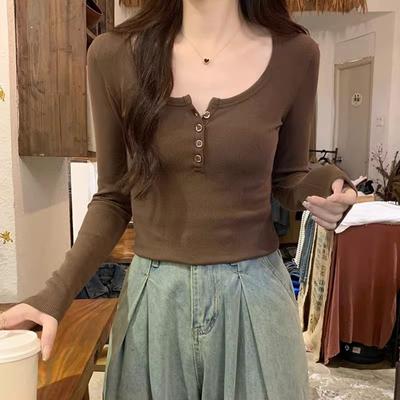 Long-sleeved T-shirt for Women Chic Button-down Half-open Collar Bottoming Shirt Short Slim-fitting Top for Autumn