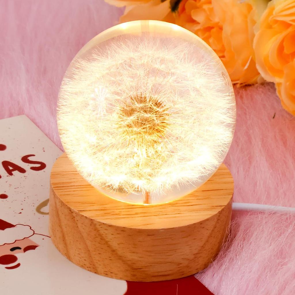 Crystal Dandelion Ball Night Light with Wooden Base USB Powered Dandelion Crystal Ball Night Lamp Fancy 3D LED Night Light Portable Night Lamp