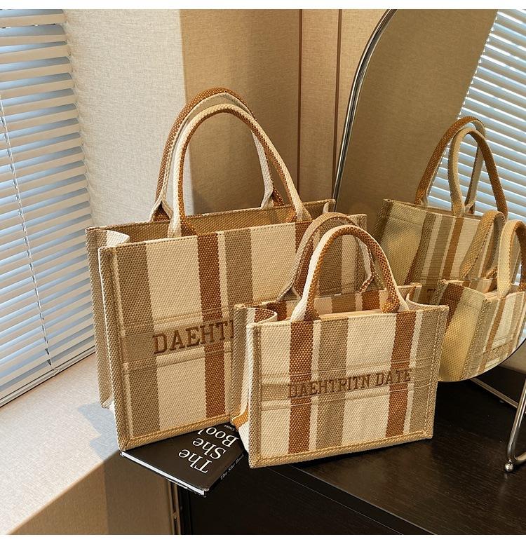 

Fashion Striped Portable Large Capacity Canvas Bag Spring New Fashion Versatile Commuter Portable Tote Bag Small хаки