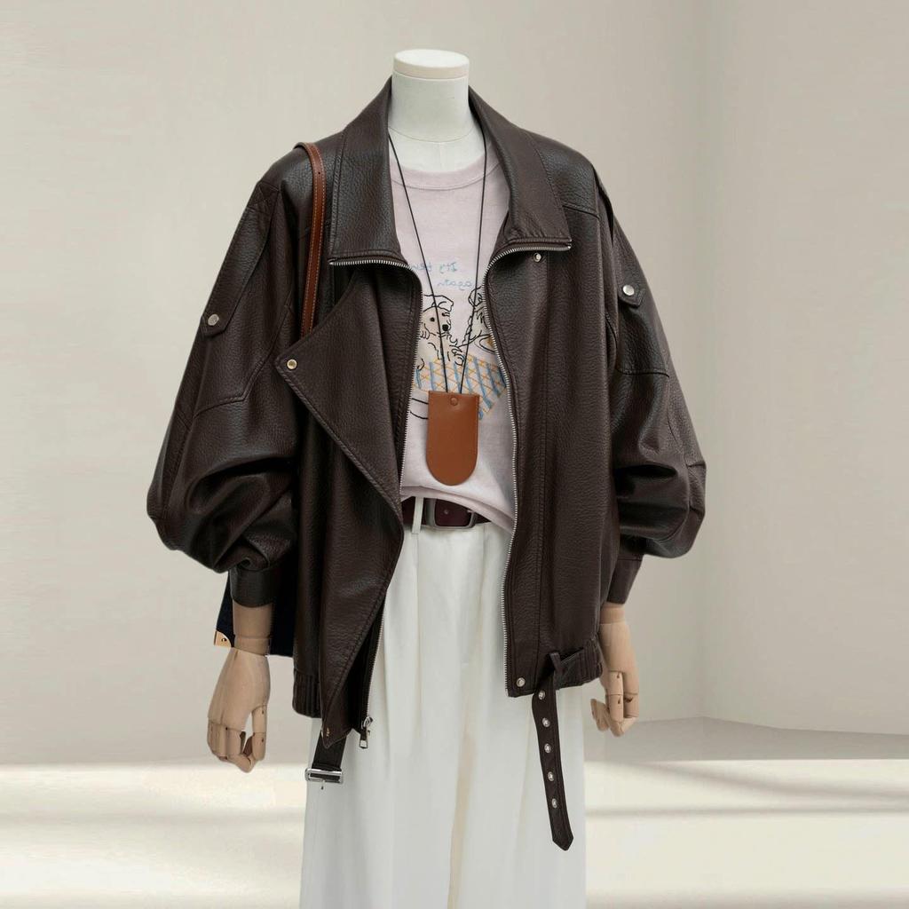 Meilade Damen Verdickte Leder Motorradjacke, Herbst/Winter 2026, Nischenstil, Mit Samt gefüttert, Lockerer Schnitt.