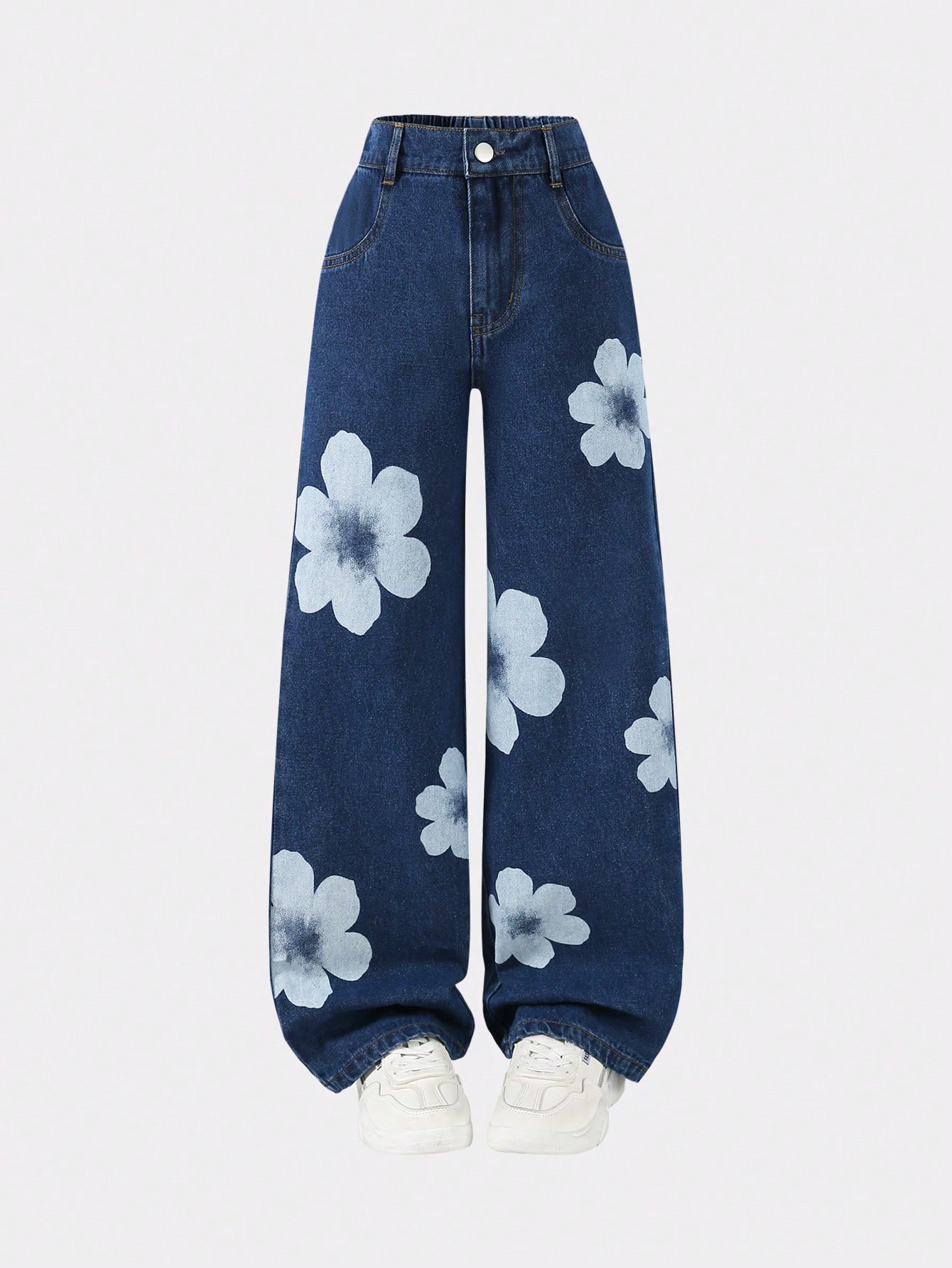 

Girls Jeans: New Spring/Summer Arrival — Dark Blue, Straight-Leg, Washed Denim Trousers with Cute Floral Pattern (Casual Everyday Wear) 8Y темно-синий