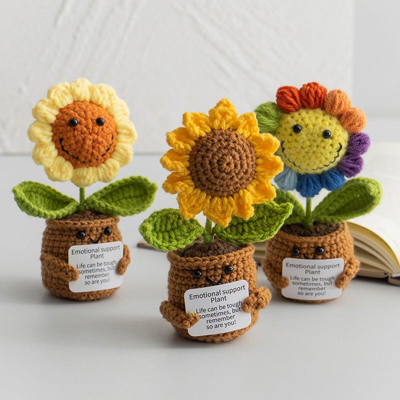 Emotional Support Crochet Sunflower Cute Knitted Flowers Potted Table Decor Graduation Gift Knitting Flower Pot Desk Accessories