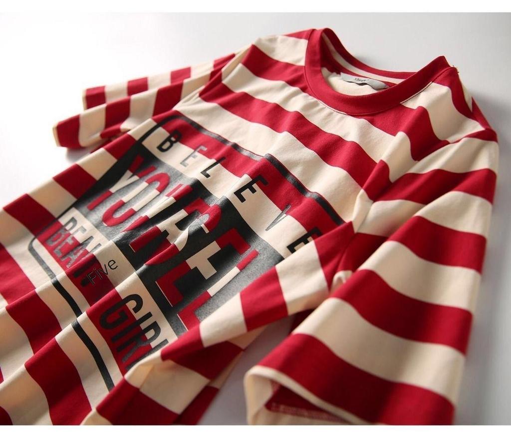 Striped Women's T-Shirt Dress - Short-Sleeved, Split Hem, Medium Length