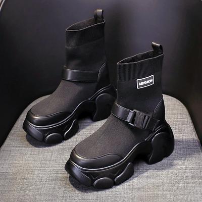 Lightweight Thick Bottom Platform Boots Women Autumn Breathable Stretch Warm Socks Boots Fashion Belt Buckle Design Ankle Boots