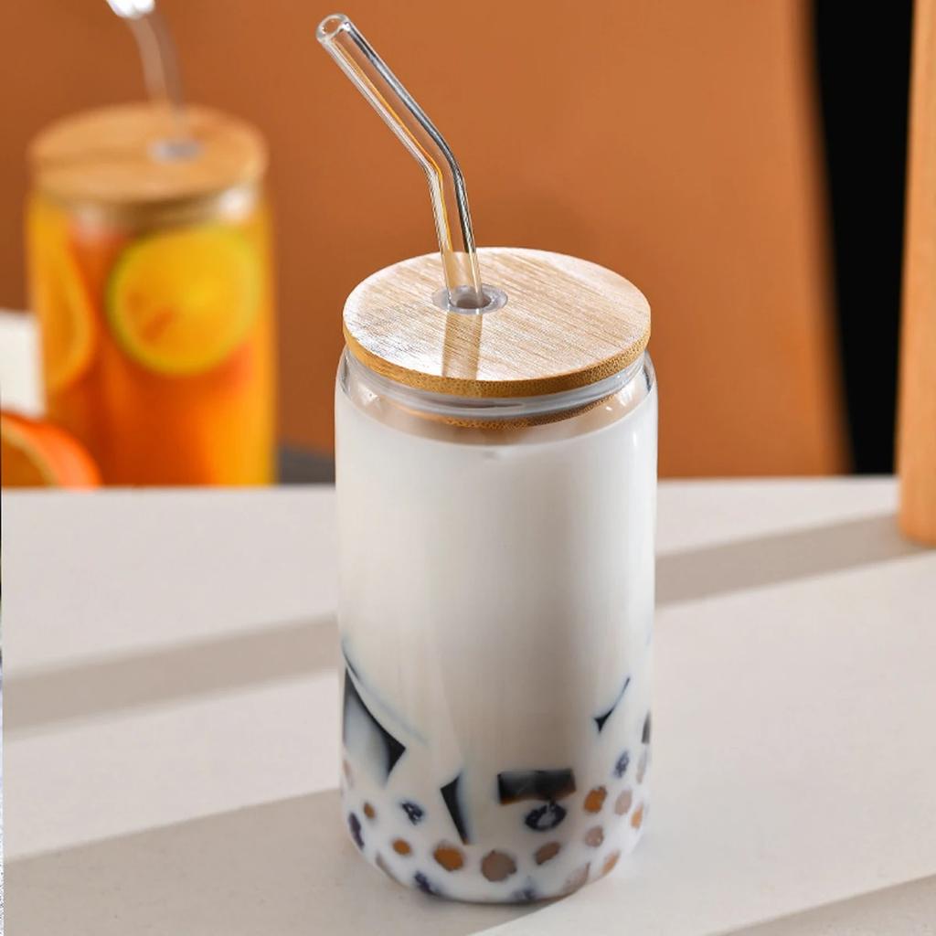 Glass cup with lid and straw High borosilicate heat-resistant glass milk tea coffee Coke cup Beer Can Restaurant Travel Bottles