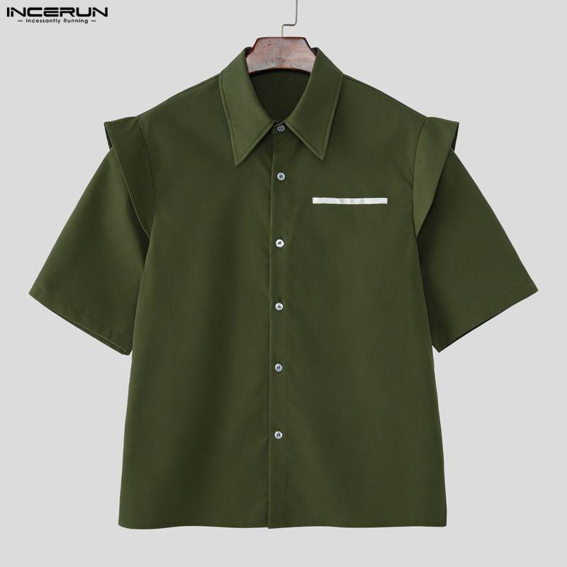 INCERUN Oversized Men Lapel Neck Short Sleeve Fake Two-piece Casual Shirts Tops