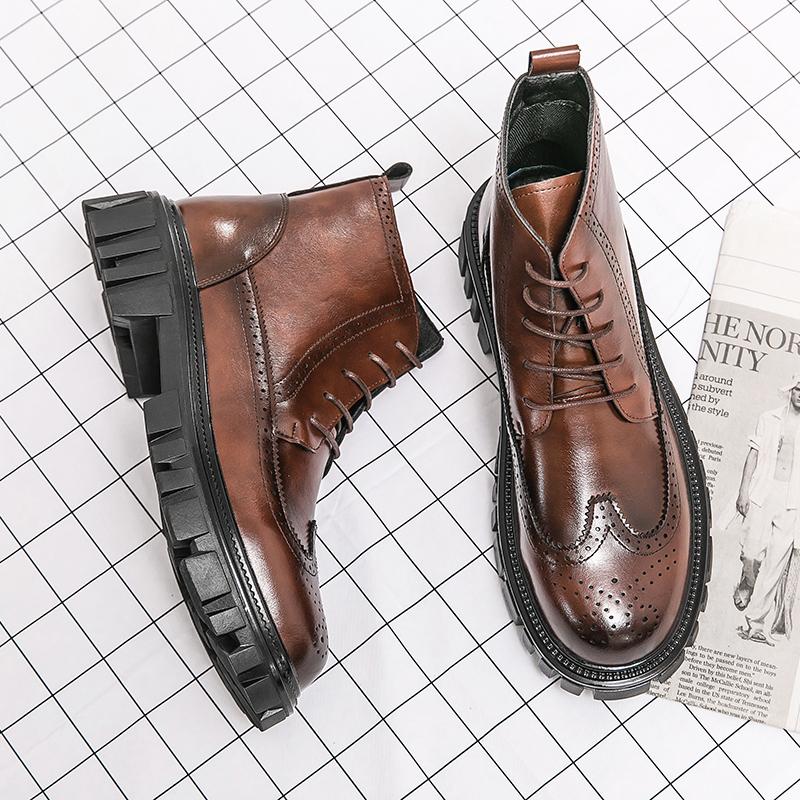 

Модные британские ботинки челси, мужские туфли до середины голени, деловые, формальные, ботильоны, осень, корейская модная повседневная кожаная обувь 44 коричневый