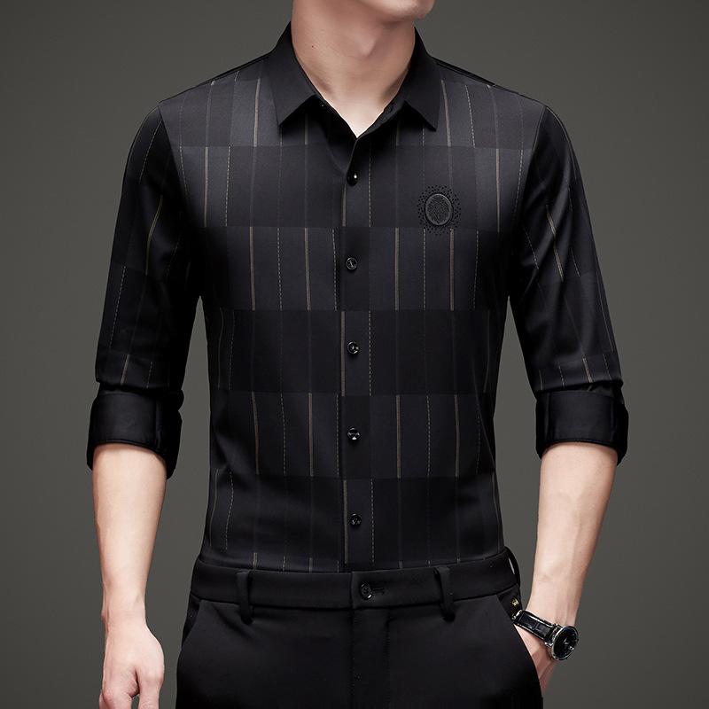 

Весенние и осенние мужские рубашки делового качества, модные повседневные облегающие бесшовные рубашки без глажки для молодых и средних лет для мужчин XXL