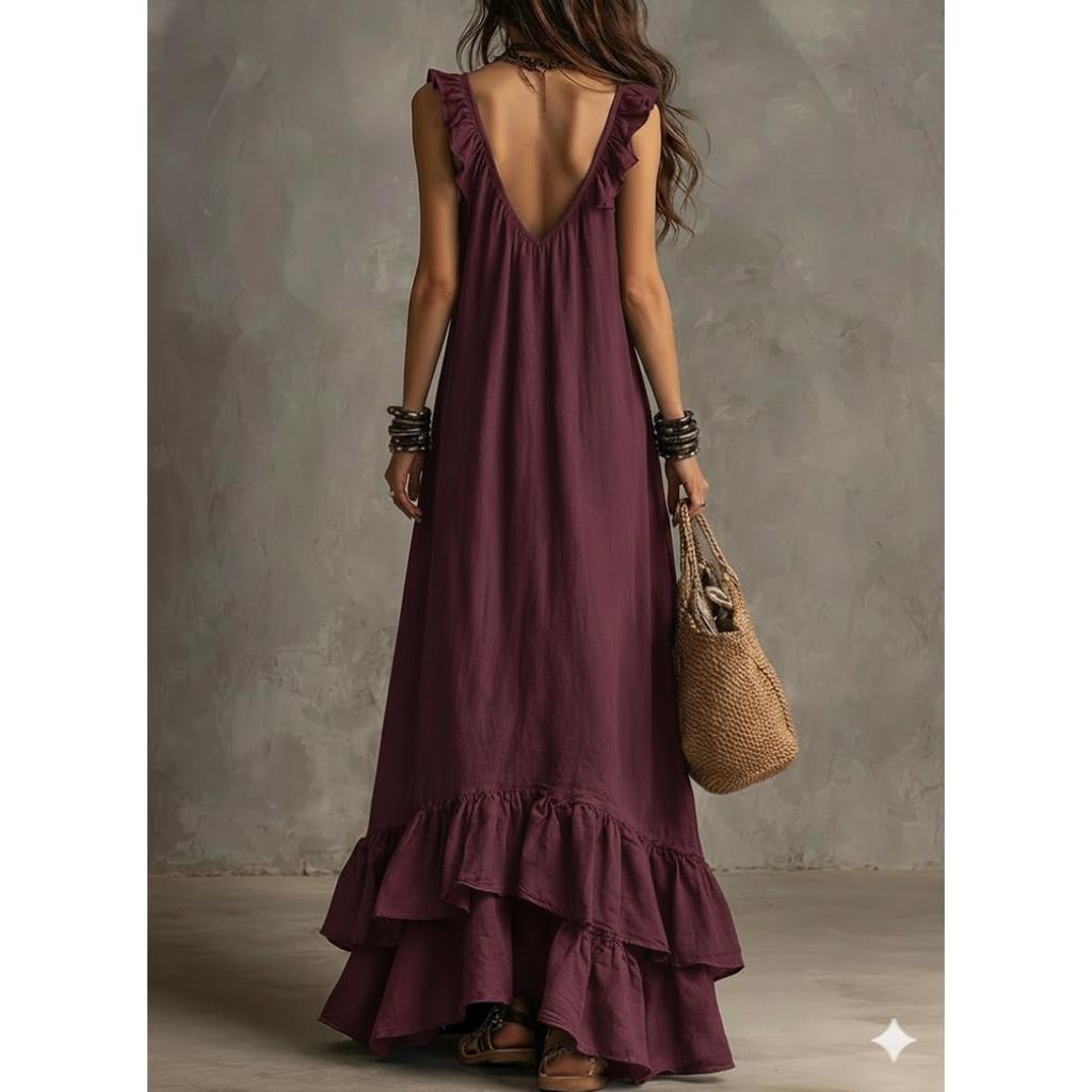Boho Vintage V-Neck Short Sleeve Ruffle Casual Urban Dress for Women, European American Crossbody Summer Sundress