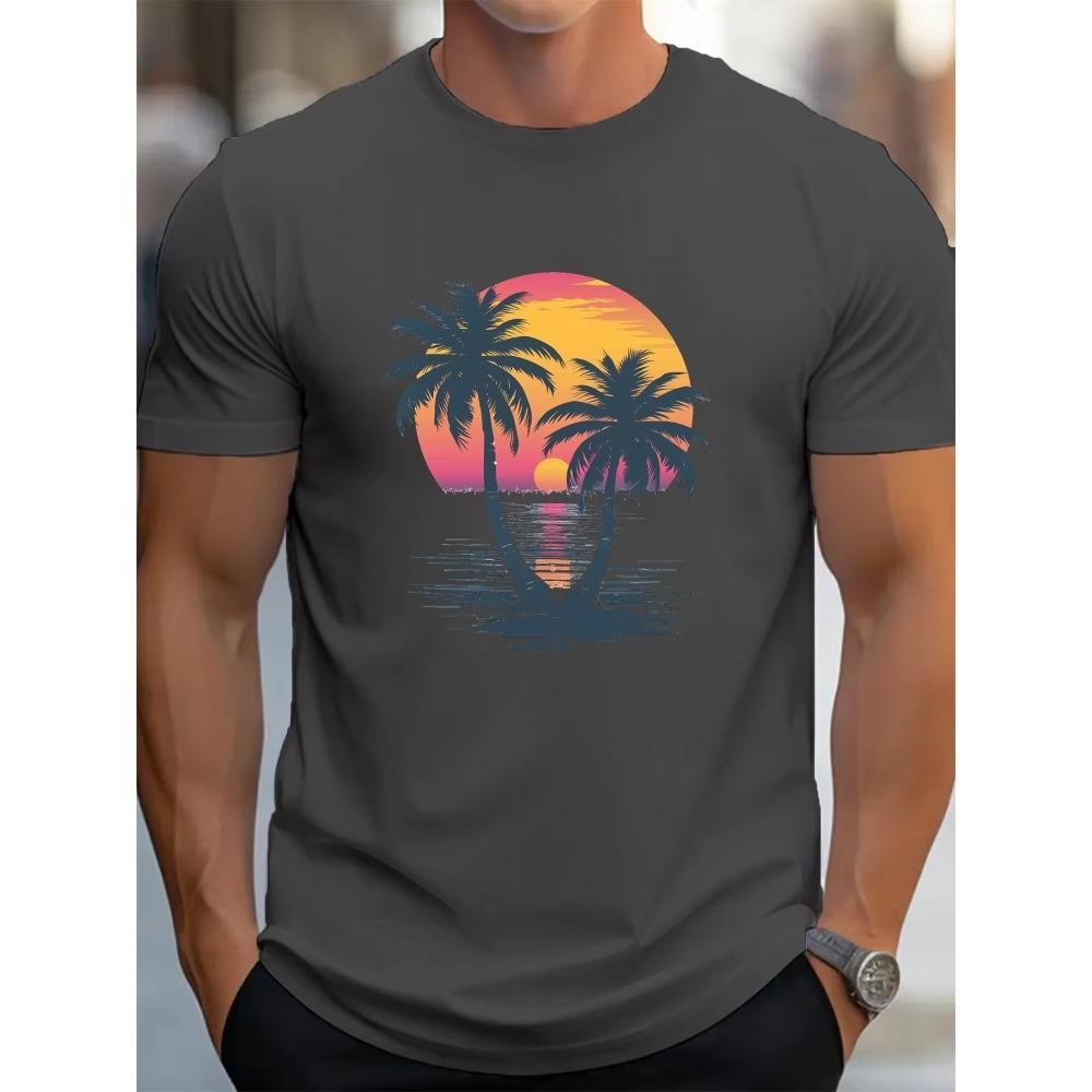 Men's Summer 100 Cotton Fashionable Casual Loose Fit Plus Size Sunset Coconut Tree Print Round Neck Short Sleeved T-shirt Top
