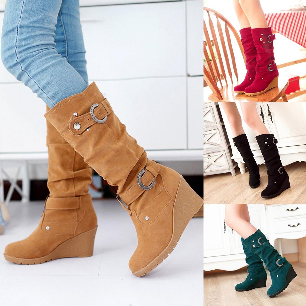 Wedge Tie Up Sandals For Women Women'S Fashion Thigh Knee High Boots Zippered Round Toe Solid Color Thick Sole Zapatos De Mujer