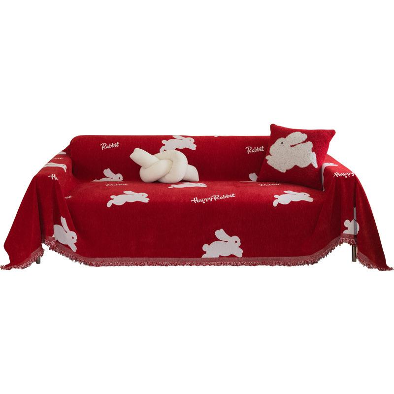 Red Festive Simple Chenille Sofa Cover Cartoon Cute Rabbit Non-slip Universal Full Cover Sofa Cover