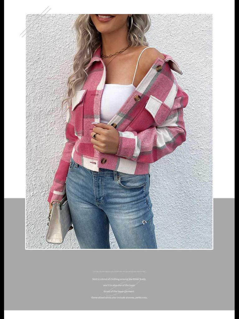 Jesienno-zimowa kurtka kardigan w kratę - Długi rękaw, styl europejski i amerykański