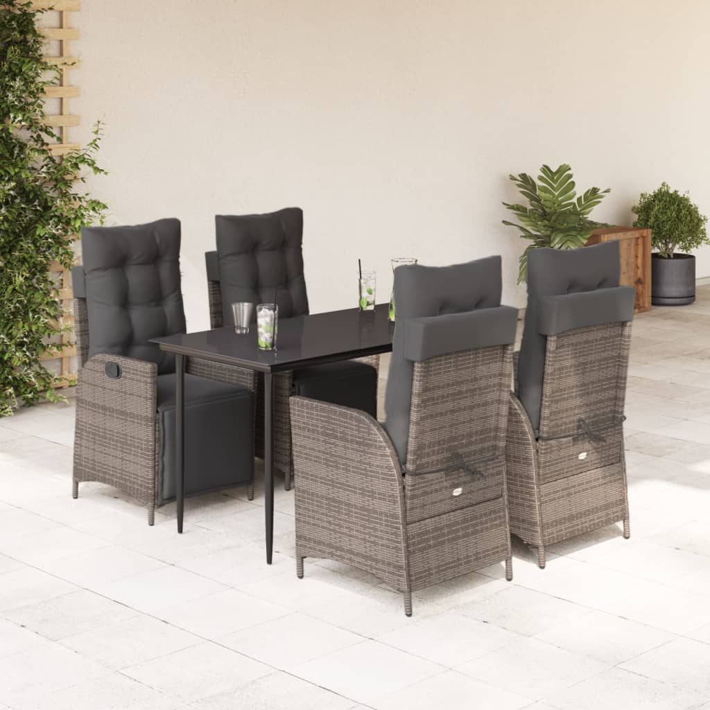 5 Piece Garden Dining Set with Cushions Gray Poly Rattan