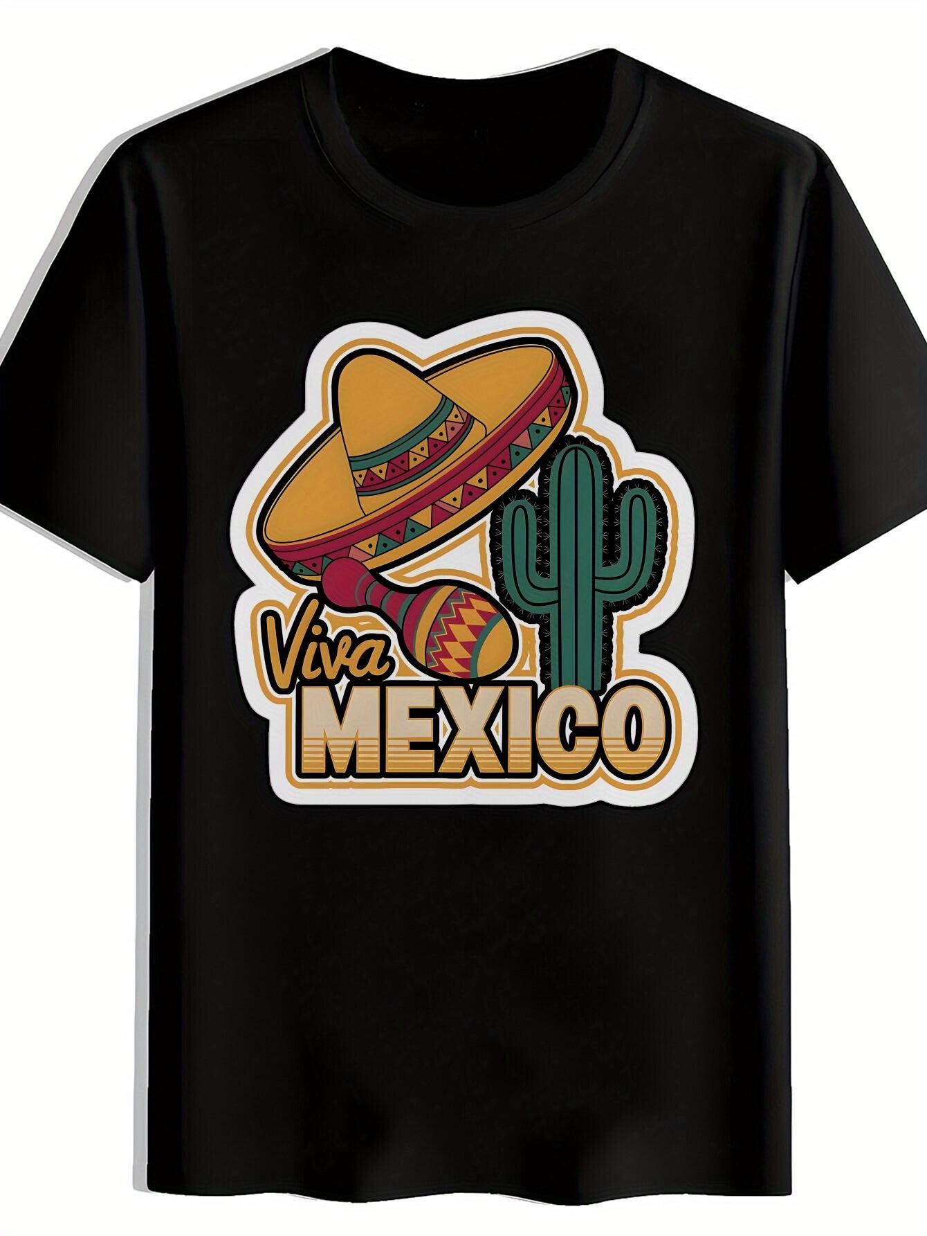 Black  Viva Mexico  Graphic T-shirt - Vibrant Sombrero & Cactus Design XL