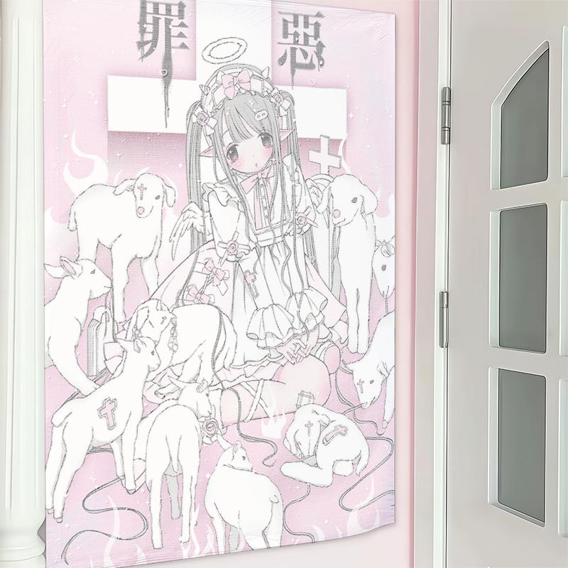 Guilty Lamb Girl Tapestry Wall Hanging Home Decor for Bedroom Living Room Dorm Sweet Cool Japanese Aesthetic