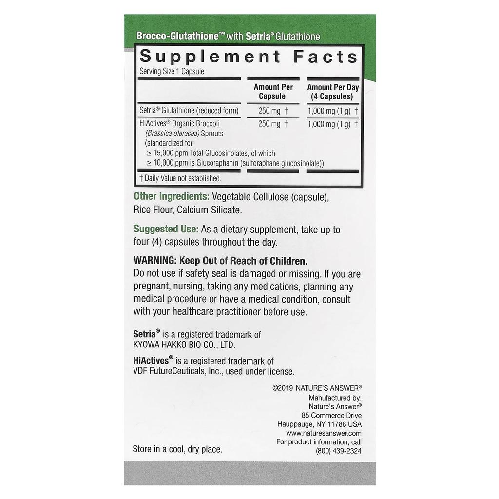 Nature's Answer Brocco-Glutathione, 500Mg, 60 Veggie Caps