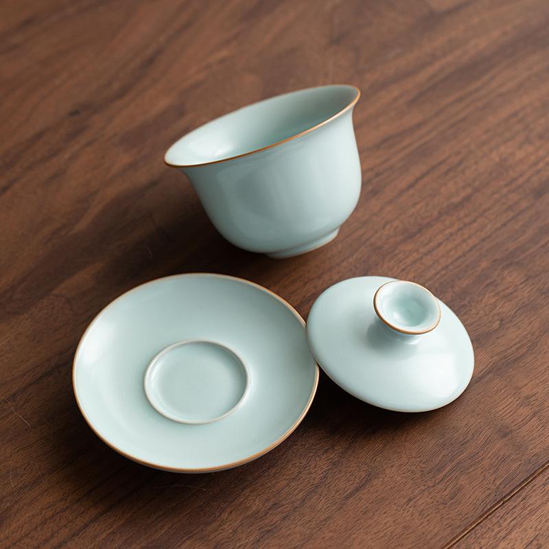 Tianqing Ru Kiln Sancai Cover Bowl Teacup Single Anti-scalding Belt Cover Tea Three-piece Tea Set Tea Set Not Hot for Household Use