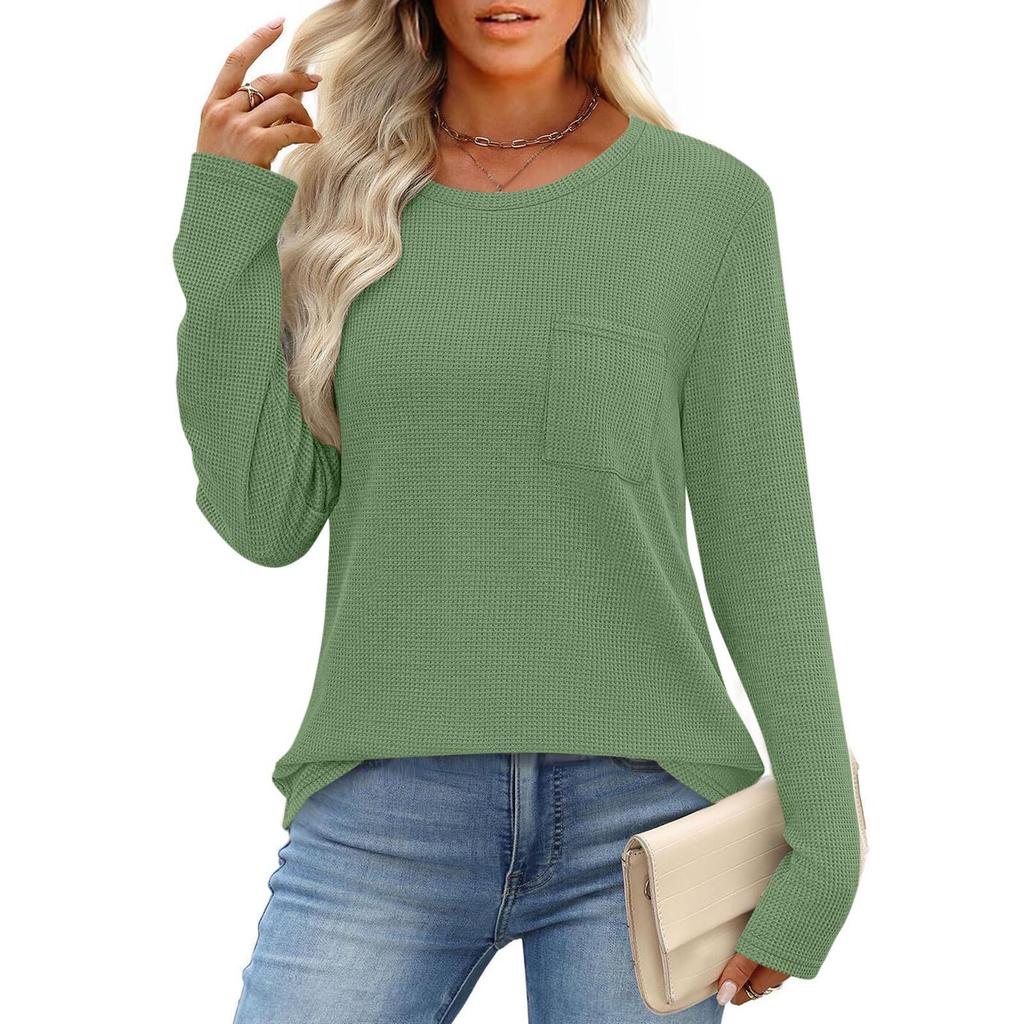 Women's European & American Style Long Sleeve Waffle Knit Top - Loose Fit Casual Pocket T-shirt