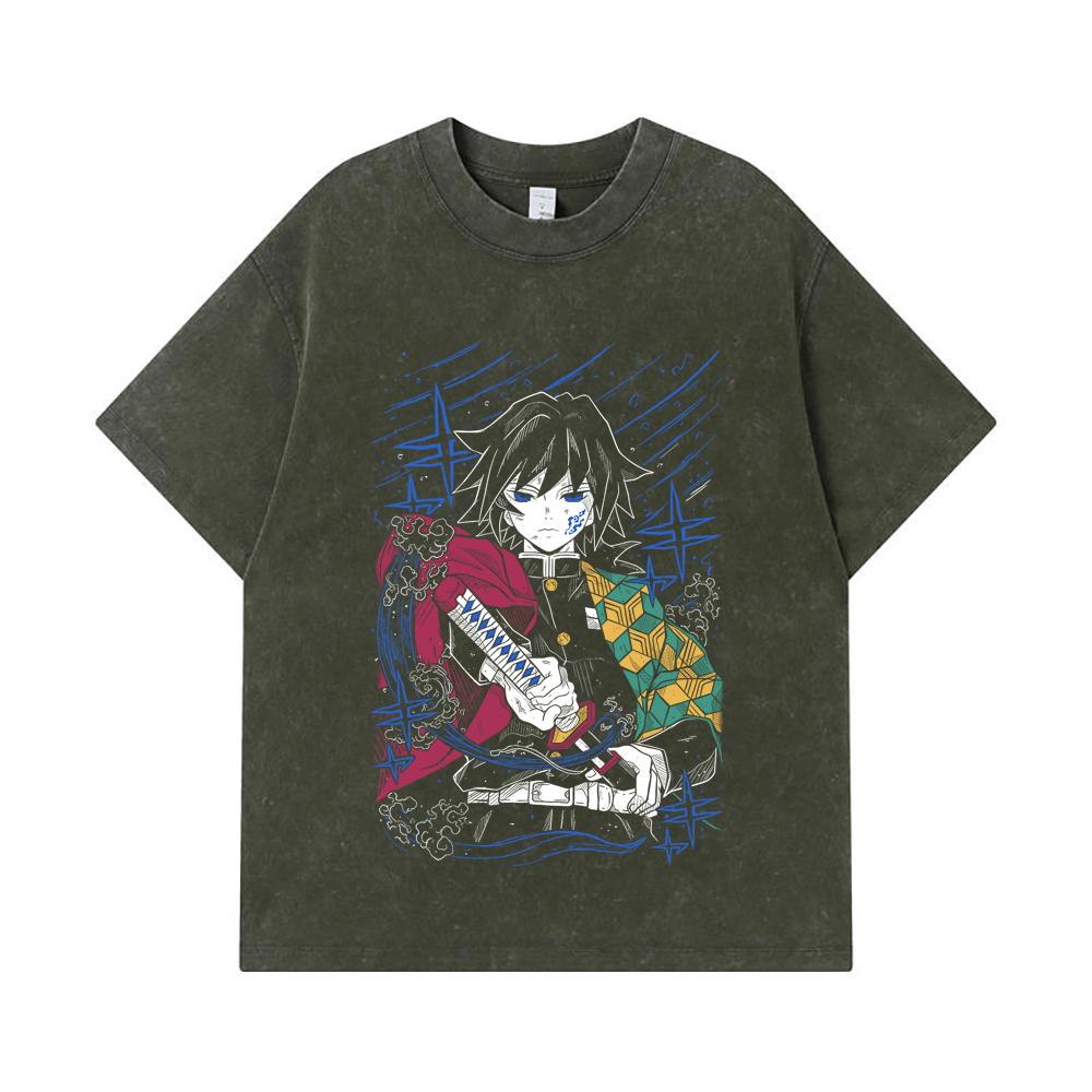 

275 GSM Washed T-shirts 100% Cotton Demon Slayer V47 Tomioka Print Unisex Heavy Cotton T Shirt S армия зеленый