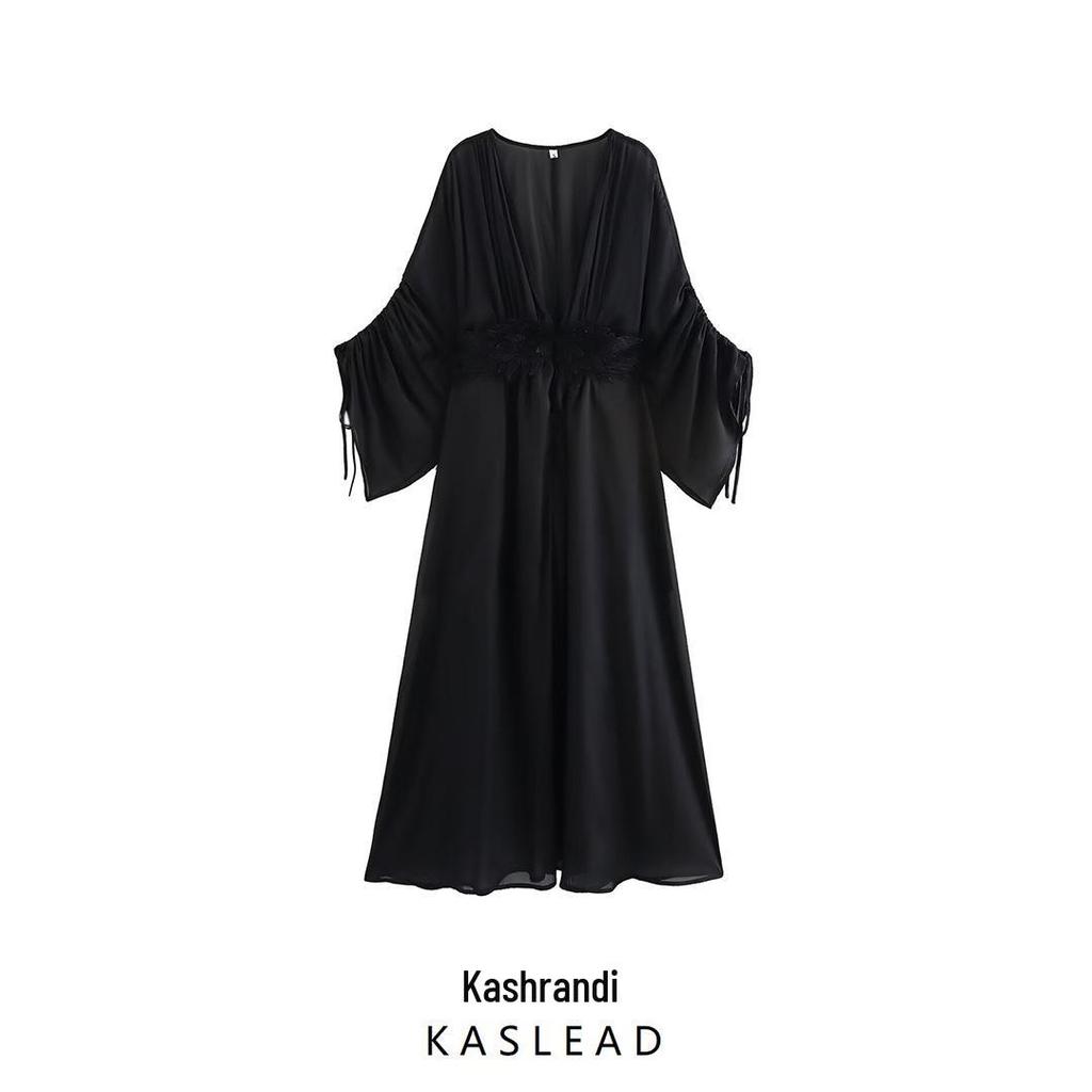 2025 Spring Women's European & American Style V-Neck Long Sleeve Loose French Dress