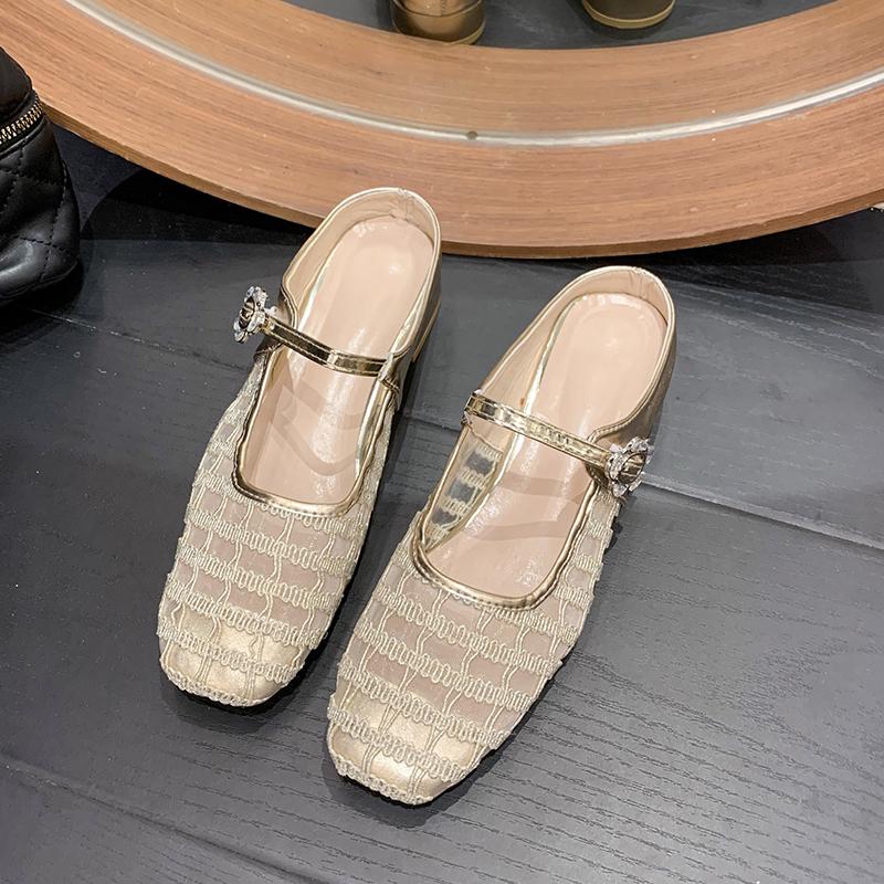 Fashion Baotou Semi-drag Autumn New Square-toe Shallow-mouth Mesh Breathable One-band Non-slip Wear-resistant Block Heel Slippers