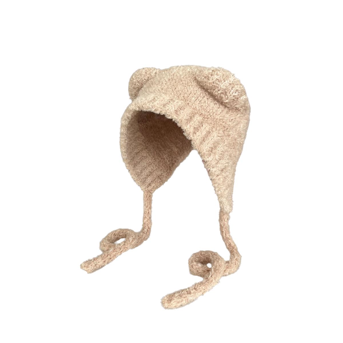 

Versatile Style Hat Warm And Cute Bear Ear Drawstring Knitted Hatscaps хакі