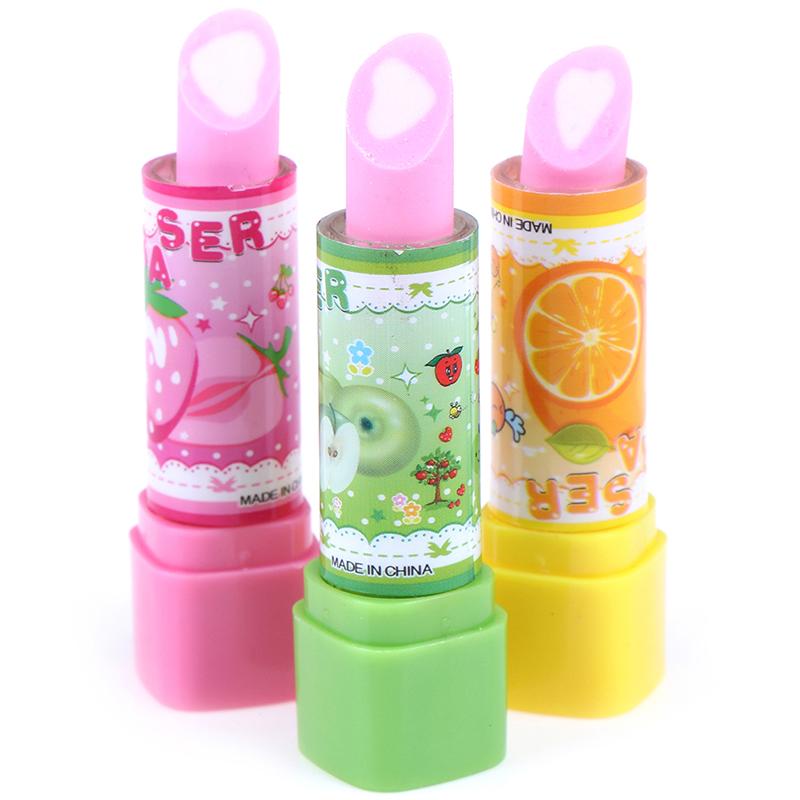 1Pc Child Lipstick Shaped Eraser Student Stationery Xmas Gift Pencil Erasers