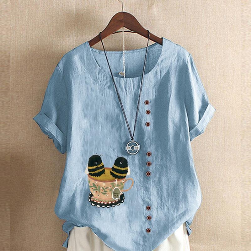 Women's Fashion Cute Bee Print Short Sleeve T-shirt Loose Cotton Shirt Casual Loose Summer Blouse Tops Plus Size