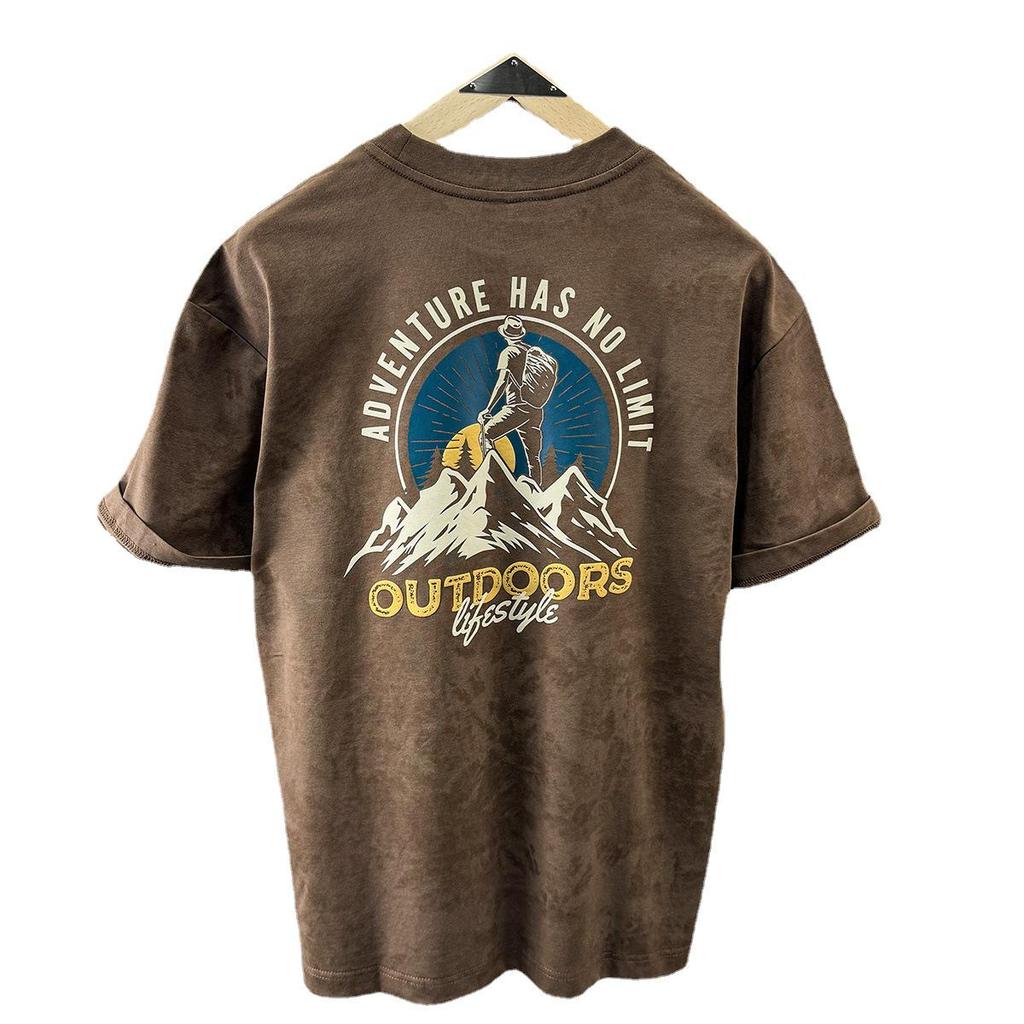 Men's Retro Mountain Print Short-Sleeve T-Shirt - Loose Fit, Round Neck, Washed Summer Pullover