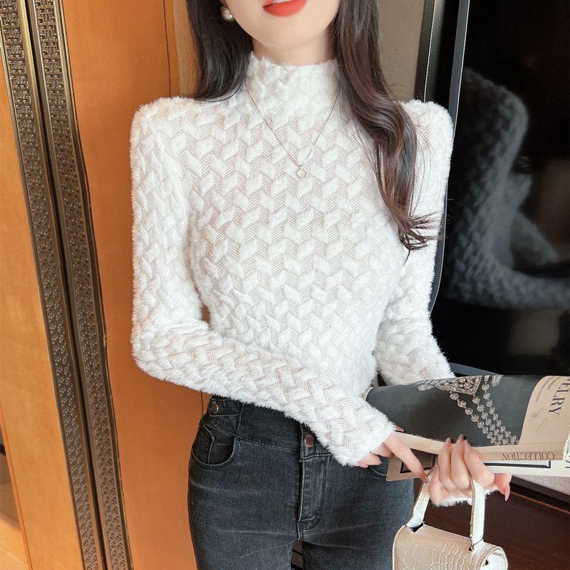 Autumn Winter Velvet New Versatile Semi High Neck Women's Clothing Slim Fit Long Sleeved Western-style Lace Wool Bottoming Shirt
