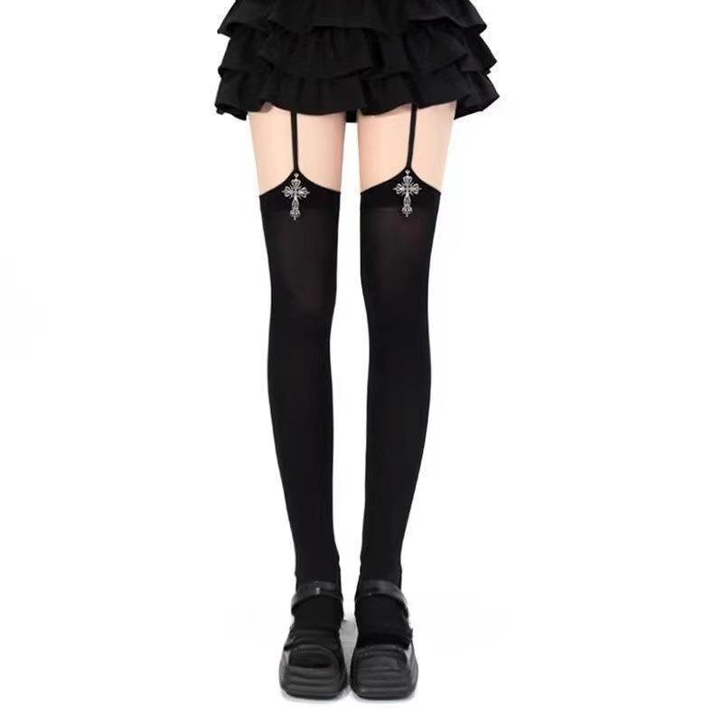 Personality Cross Decoration Women Suspender Socks Solid Color Thin Thigh High Lolita Anime Cosplay Gothic Over Knee Stockings