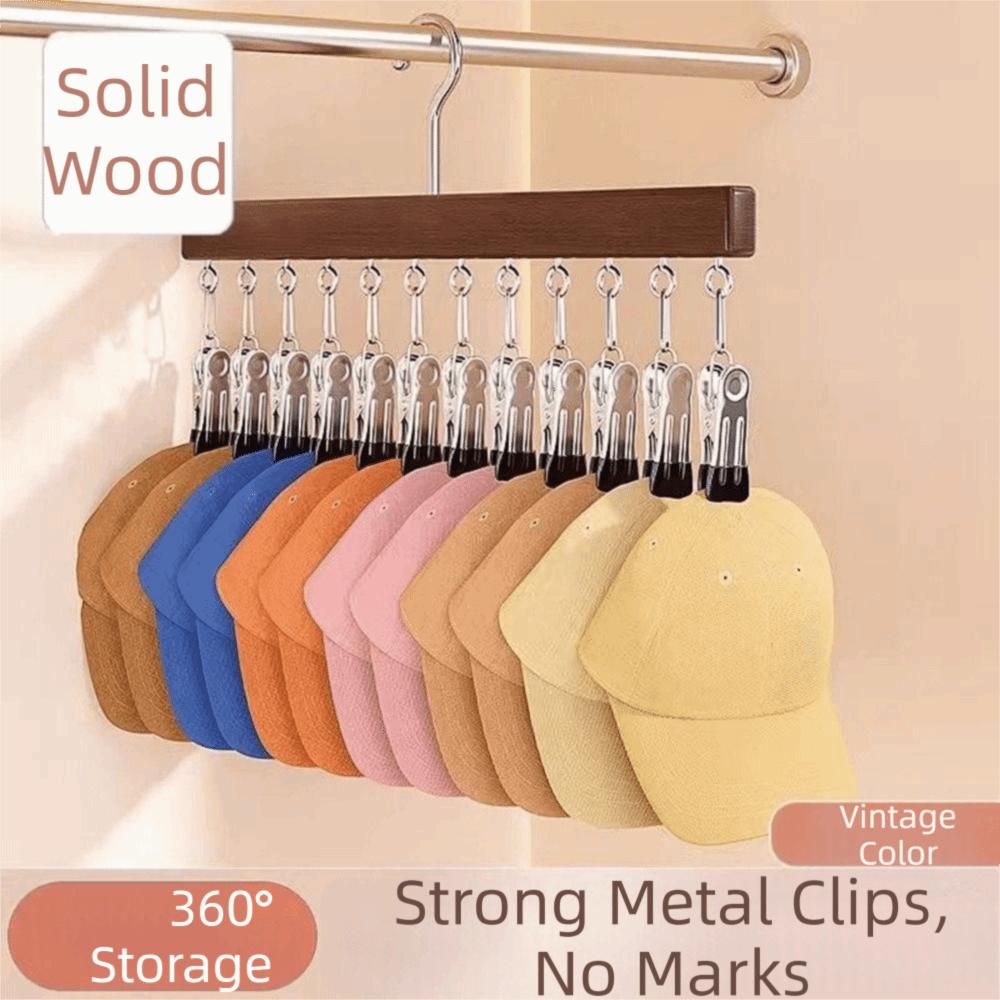 360°Rotation Wood Hanger 10/12 Clips No Trace Wooden Clothes Storage Rack Stainless Steel Strong Wooden Storage Rack Tie Hanging