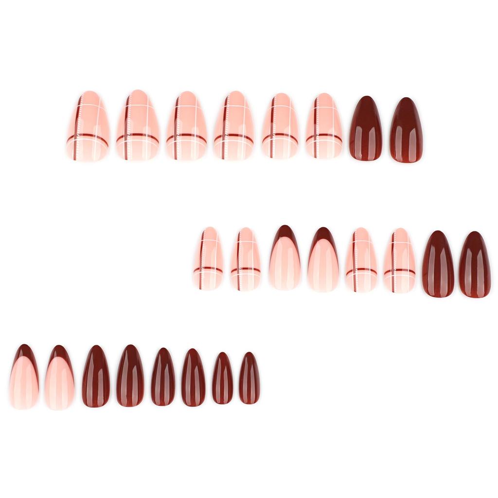 Stylish French Red Short Almond Nail Tips with Cross Lines Design