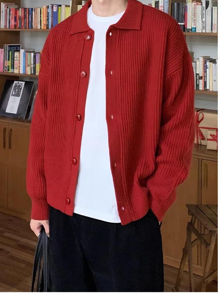 Cardigan polo en maille épaisse pour homme - Pull décontracté ample à revers Automne/Hiver