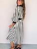 2025 Winter Stripe Print Lapel Shirt Dress for Women - Elegant European & American Style, Waist-Cinching Design