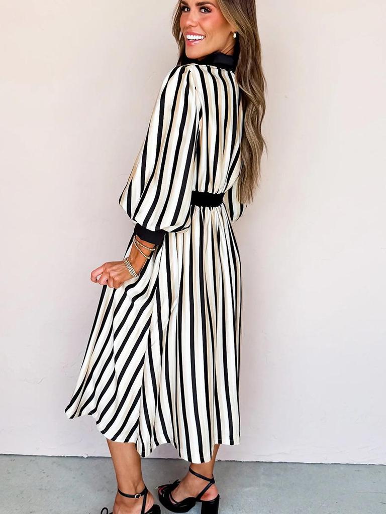 2025 Winter Stripe Print Lapel Shirt Dress for Women - Elegant European & American Style, Waist-Cinching Design